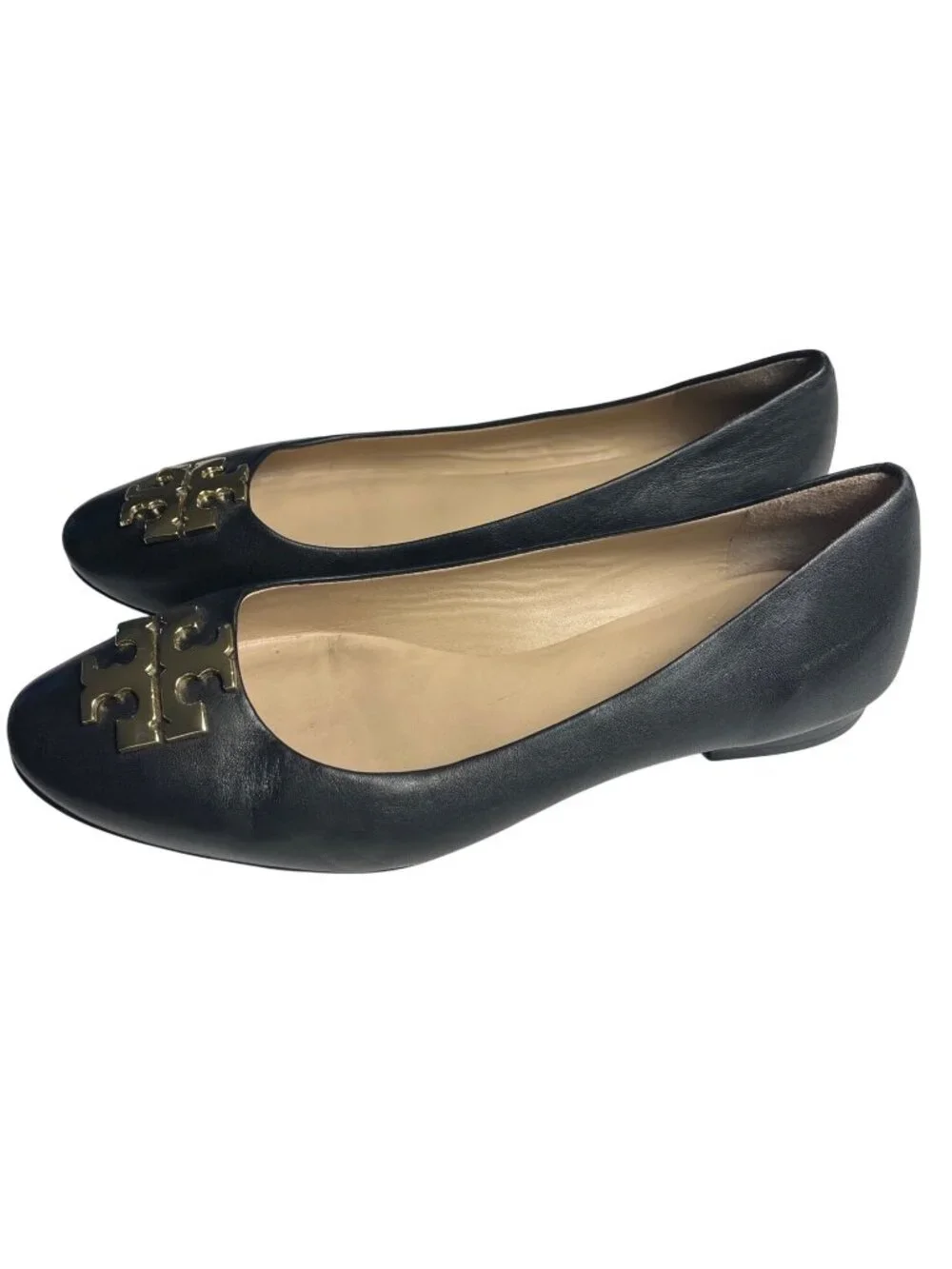 Tory Burch Black Leather Logo Ballet Flats Womens Size 8M With Gold Hardware